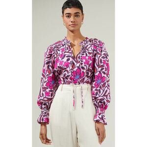 SUGARLIPS Aubrey Floral Russo Pleated Long Sleeve Blouse PINK-MULTI - SIZE XS